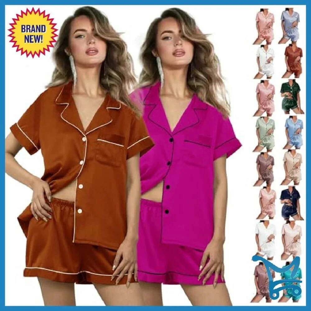 Silk Satin Pajama Set 2-Pack Short Sleeve Lounge Sleepwear XS-XXL